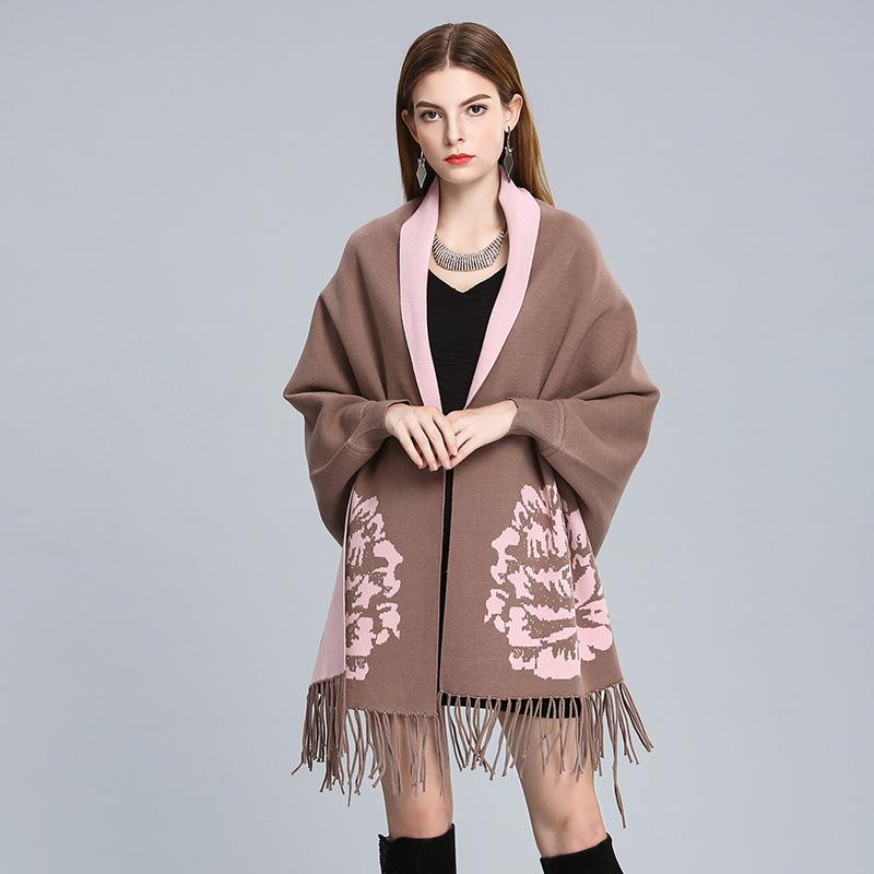 ニットポンチョ ショールカーディガン 大きいサイズ ゆったり 秋冬 厚手 ジャカード 花柄 フリンジ ド..