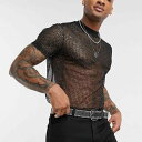 Tシャツ メンズ スリムフィット 半袖 クルーネック 薄手 通気性 メッシュ シースルー スパンコール装飾 ストリートカジュアル おしゃれ セクシー ナイトクラブ パーティー イベント ステージ衣装 春夏 トップス ナイロン 無地(x2)