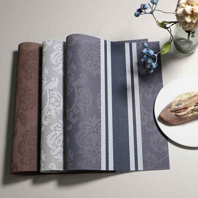 ランチョンマット 縦縞柄 織り模様 テスリン PVC素材 滑り止め 断熱 耐熱 耐久性 ホテル仕様 業務用 家庭用 ダイニング キッチン 白 茶色 青(x10)