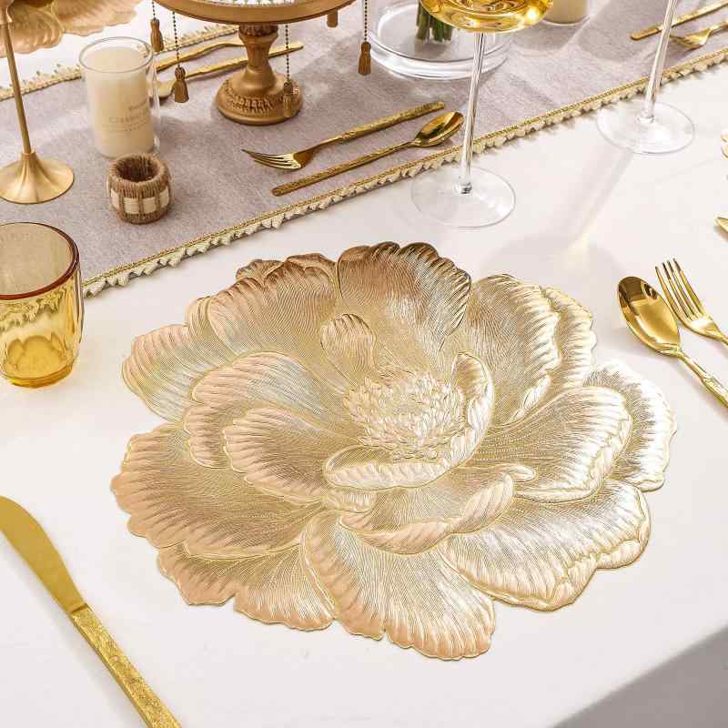 テーブルマット ロータス柄 PVC 断熱 洗える 円形 丸型 ゴールド シルバー ローズゴールド モダン シンプル リビング ダイニング 業務用(x6)