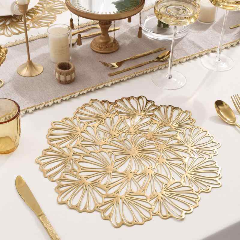 ランチョンマット PVC製 ゴールドカラー 箔押し 滑り止め 断熱 変形デザイン おしゃれ 食卓 パーティー 高級感 金色 銀色 ローズゴールド(x6)