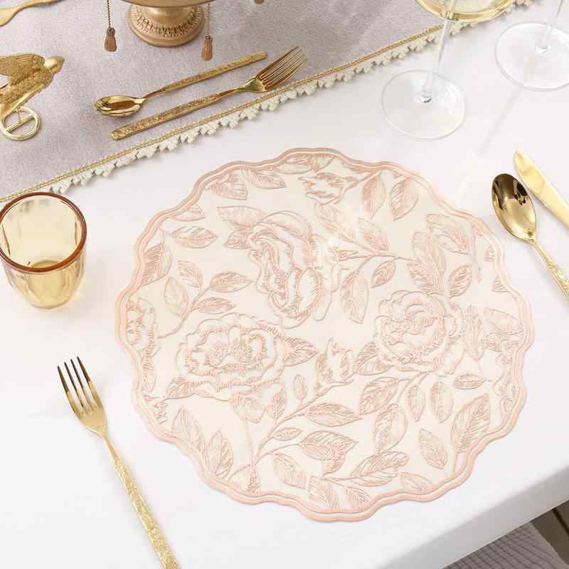 ランチョンマット PVC バラ 花柄 円形 丸型 防水 防油 耐熱 断熱 透かし彫り デザイン 装飾 ホテル レストラン ダイニング ゴールド シルバー ローズゴールド 高級感(x6)