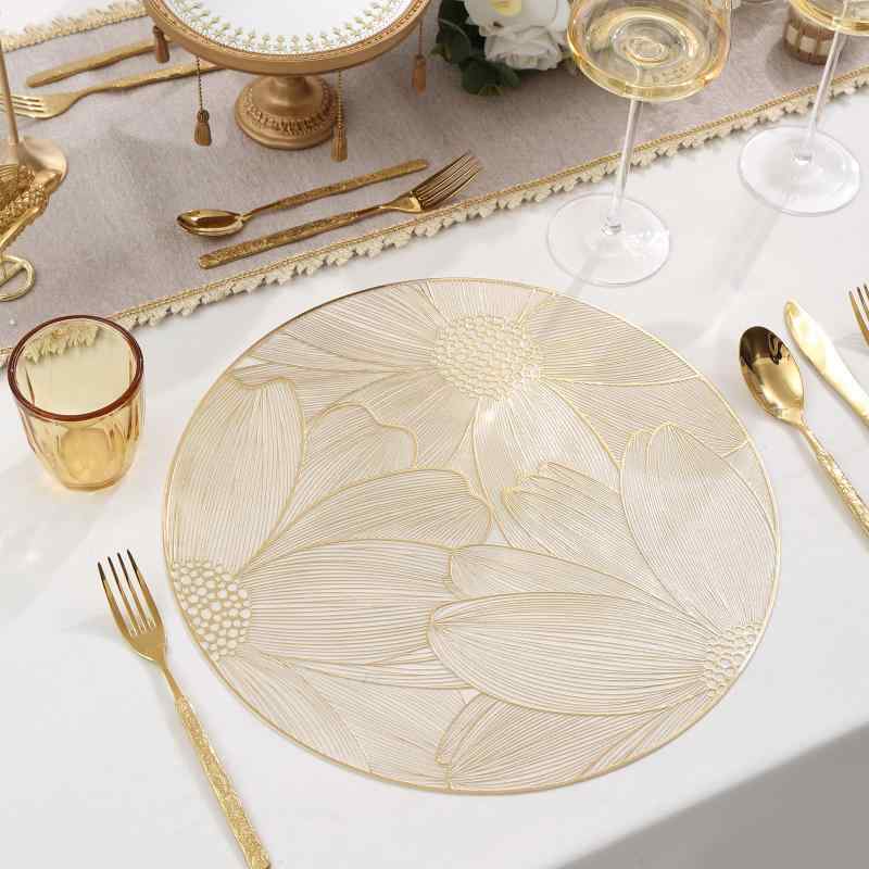 テーブルマット ヨーロピアン PVC 箔押し 高級感 エレガント 装飾 耐熱 断熱 丸型 花柄 ゴールド シルバー ローズゴールド 食卓 ダイニング(x6)