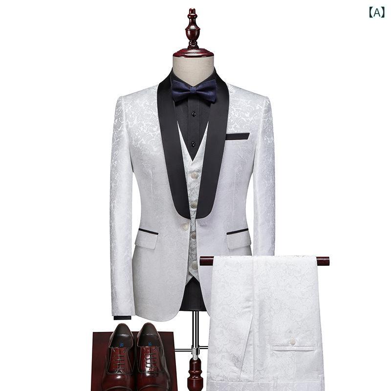 スーツ メンズ スリーピース ジャガード織柄 スリムフィット 細身 ショールカラー シングルボタン 結婚式 披露宴 パーティー 宴会 ビジネス フォーマル セットアップ 高級感