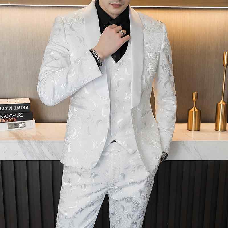 スーツ メンズ 結婚式 ブライダル フォーマル 韓国風 エンボス加工 スリーピース 無地 スリムフィット セットアップ 白 ホワイト 黒 ブラック 綿混 再生繊維(x2)