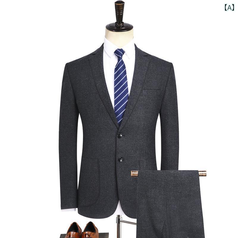 スーツ メンズ カジュアル ビジネス セットアップ 上下 2点セット ジャケット スラックス スリム ノッチドラペル 2つボタン ウール調 混紡素材 グレー