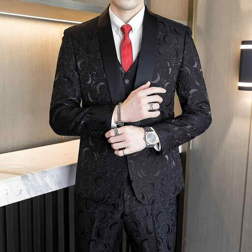 スーツ メンズ スリーピース セットアップ スリムフィット ビジネス フォーマル 礼服 結婚式 ウェディング パーティー ブラック ジャカード織り 綿混 レーヨン混 通年(x2) スーツ メンズ スリーピース セットアップ スリムフィット ビジネス フォーマル 礼服 結婚式 ウェディング パーティー ブラック ジャカード織り 綿混 レーヨン混 通年(x2)