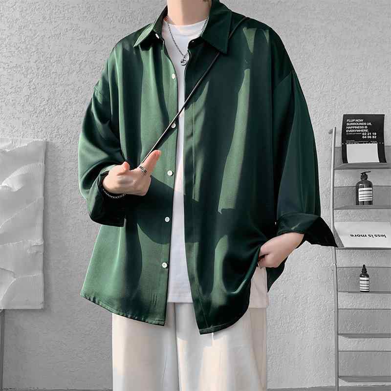 シャツ メンズ 春夏 韓国風 ゆったり オーバーサイズ 無地 接触冷感 吸汗速乾 ノンアイロン ポリエステル混紡 長袖 カジュアル トップス