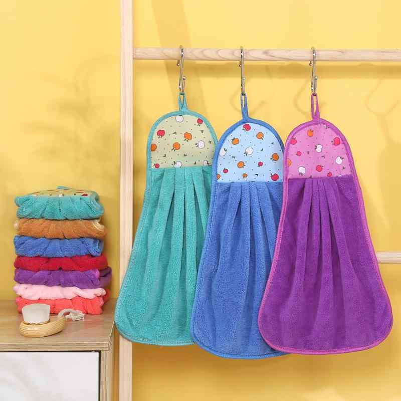 ハンドタオル サンゴフリース キャラクター かわいい 吸水性 掛け式 キッチン 洗面所 台拭き コンパクト 吊り下げ 多色展開(x2)