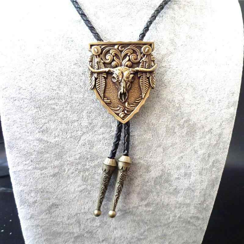 ネクタイ ループタイ 男女兼用 電気メッキ加工 レトロ ヴィンテージ アメリカンウェスタン カウボーイ PU フェイクレザー ロングコード 幾何学模様 動物モチーフ 服飾小物