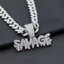 ネックレス ユニセックス アルファベット SAVAGEK ラインストーン ペンダントトップ キューバンチェーン ヒップホップ ストリートファッション ナイトクラブ 合金製 電気メッキ加工 金色 銀色 煌めき 存在感