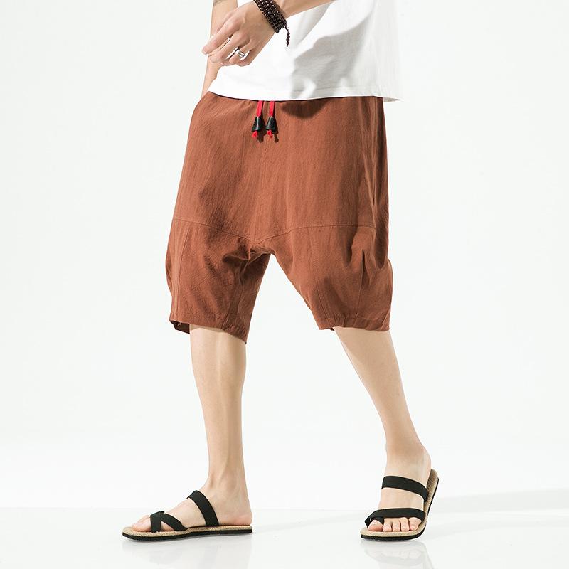 七分丈パンツ メンズ カジュアル ハーレムパンツ バルーンパンツ 中国風 日系 レトロ ゆったり 大きいサイズ ドローストリング 中ウエスト 無地 ポケット付き ノンストレッチ ポリエステル 裾ストレート サマー ブラック カーキ ブラウン系