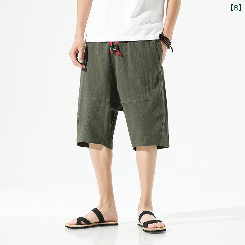 七分丈パンツ メンズ カジュアル ハーレムパンツ バルーンパンツ 中国風 日系 レトロ ゆったり 大きいサイズ ドローストリング 中ウエスト 無地 ポケット付き ノンストレッチ ポリエステル 裾ストレート サマー ブラック カーキ ブラウン系