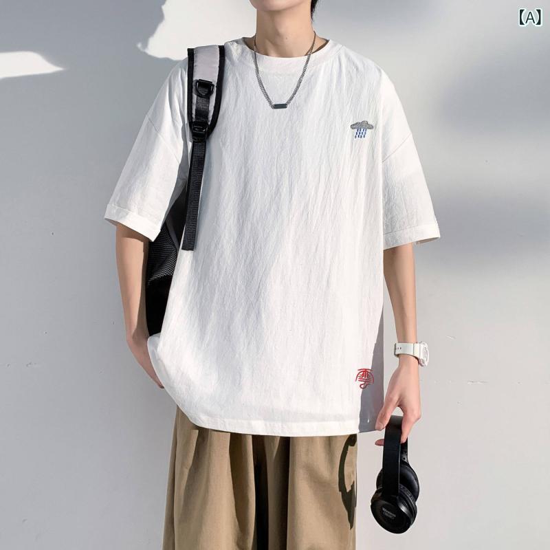 Tシャツ メンズ 男性用 綿麻 コットンリネン 半袖 丸首 クルーネック 刺繍 ゆったり オーバーサイズ ビッグシルエット カジュアル レトロ ヴィンテージ 春夏 トップス