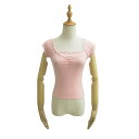Tシャツ レディース セクシー 純欲風 リボン レース切り替え 半袖 スリムフィット ショート丈 綿混 Vネック 黒 白 春夏(4)