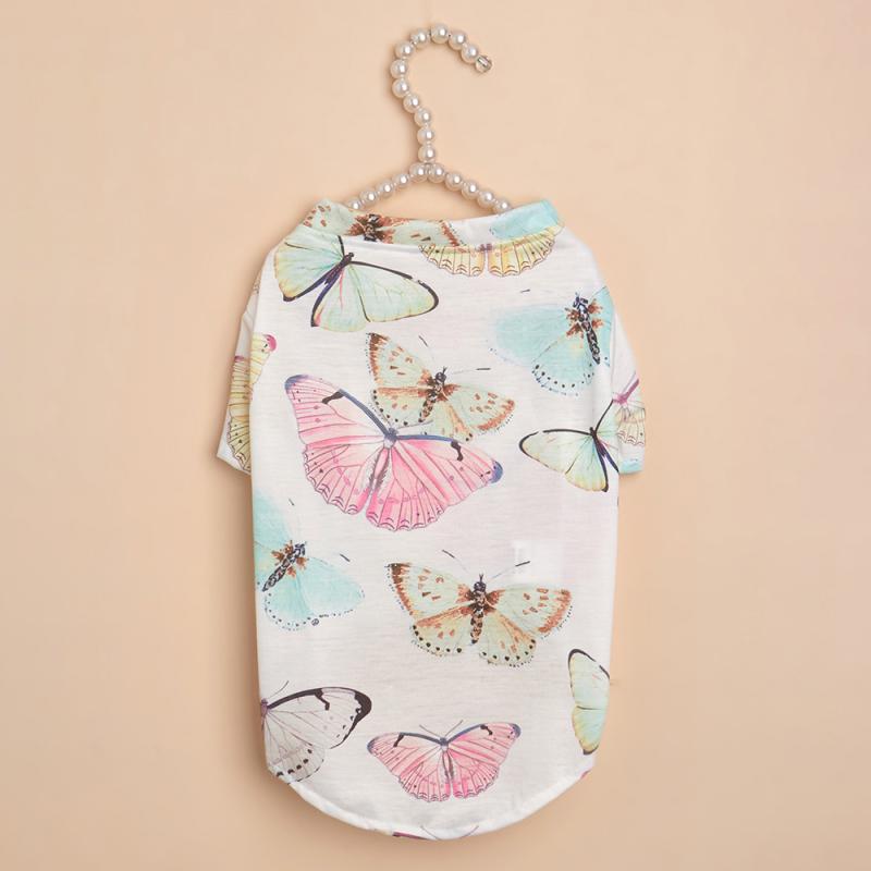 ペット服 犬 猫用 春夏 プルオーバー Tシャツ 蝶柄 ポリエステル 薄手 涼しい カジュアルウェア ソフト..