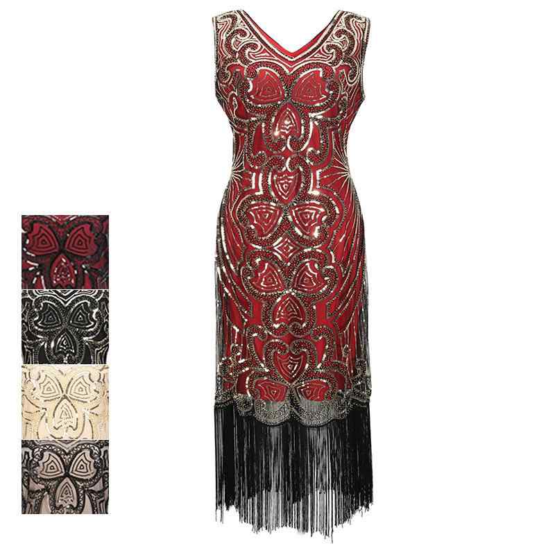 ワンピース レディース 深Vネック レトロ スパンコール ビーズ フリンジ パーティー ドレス 結婚式 二次会 謝恩会 お呼ばれ フォーマル 華やか ゴージャス ミディ丈 ポリエステル レッド ブラック ゴールド