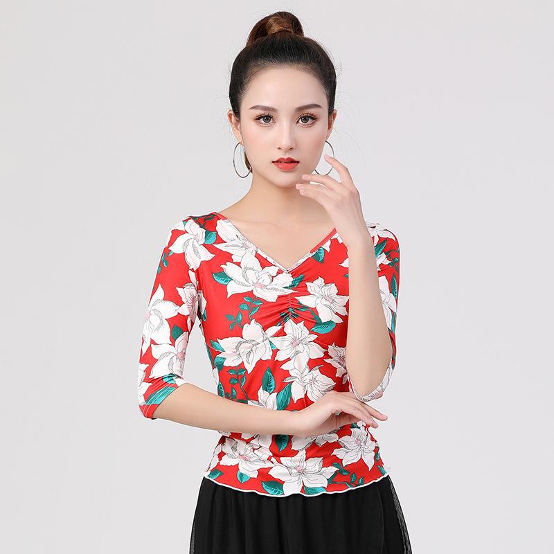 ダンスウェア レディース 大人用 ラテンダンス モダンダンス トップス 七分袖 Vネック 春夏 練習着 レッスン着 舞台衣装 ポリエステル 花柄