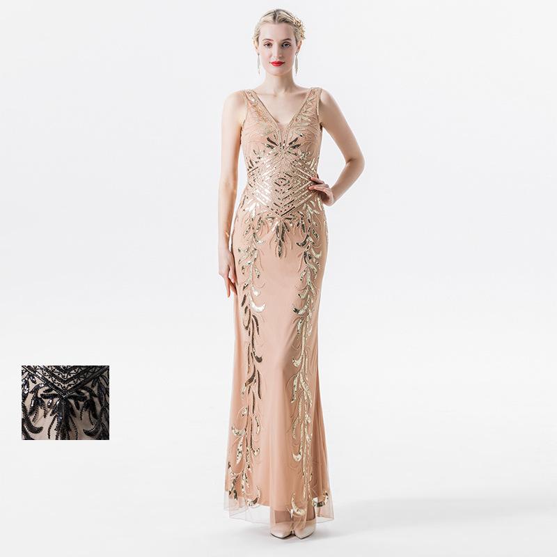 ドレス レディース エレガント 上品 ダブルVネック ノースリーブ スパンコール 切り替え ハイウエスト ロング丈 マーメイドライン 結婚式 二次会 パーティ ...