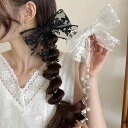 ヘアアクセサリー レディース レース リボン パール 布製 ヘアゴム シュシュ まとめ髪 髪飾り ポニーテール サイドポニーテール ヘアアレンジ 上品 かわいい フェミニン エレガント 黒 白