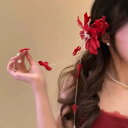 ヘアアクセサリー レディース ローズレッド 花 フラワー フリンジ タッセル ヘアクリップ 高級感 エレガント 上品 かわいい 髪飾り まとめ髪 プラスチック 樹脂 手作り 春夏