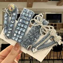 ヘアクリップ レディース デニムブルー パール クリスタル リボン パッチン留め かわいい 韓国風 インスタ映え 個性的 ハンドメイド 前髪 サイド 後れ毛