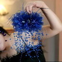 髪飾り 女性 秋冬 羽根 フリンジ タッセル ヘアクリップ バンスクリップ 布製 手作り 牡丹 フラワーモチーフ ビーズ 孔雀青 ヘッドアクセサリー