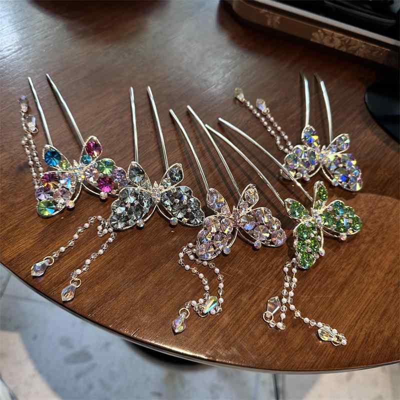 ヘアアクセサリー 簪 レディース U字 かんざし レトロ 中華風 蝶 バタフライ ラインストーン タッセル 高級感 華やか 揺れる イベント 和装 パーティー 春夏