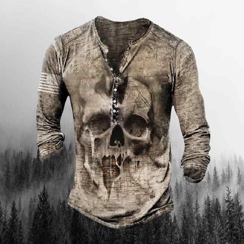 Tシャツ メンズ 長袖 ヘンリーネック 3Dデジタルプリント スカル ドクロ 7つボタン プルオーバー ポリエステル ヒップホップ ストリート カジュアル 春秋 トップス 男性