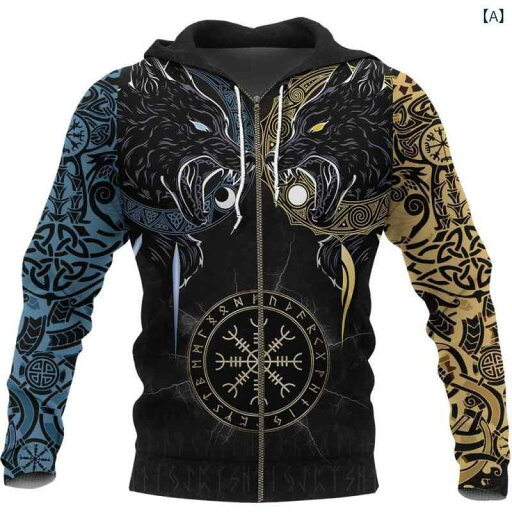 パーカー スウェット メンズ 秋冬 ジップアップ フード付き 長袖 3Dプリント バイキング戦士 ポリエステル素材 ゆったり 大きいサイズ スポーツ カジュアル