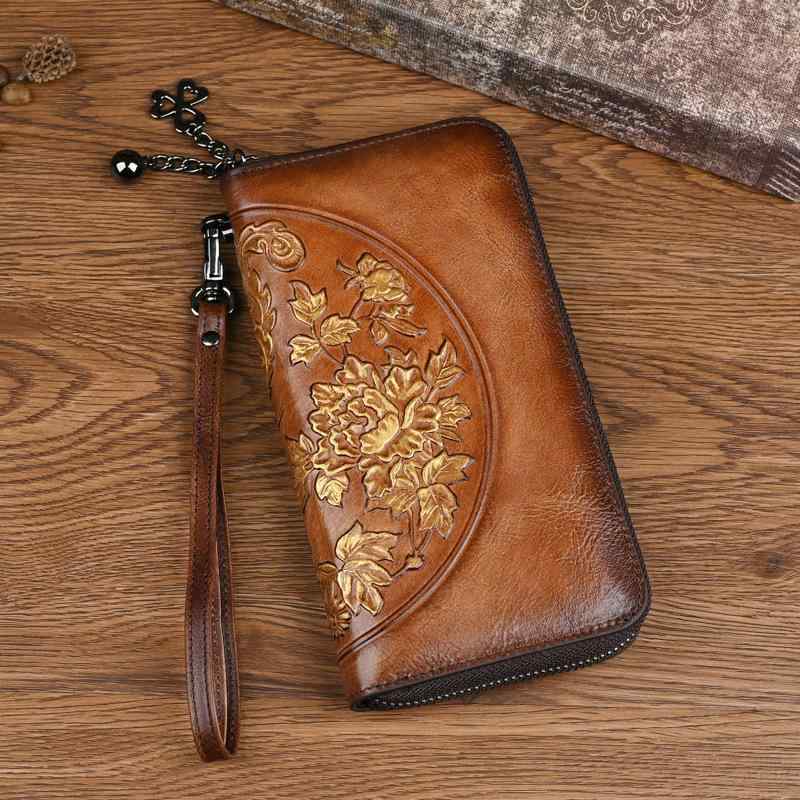 財布 レディース 本革 牛革 長財布 型押し 花柄 レトロ ヴィンテージ ラウンドジップ ファスナー 大容量 デイリーユース 耐久性 カジュアル