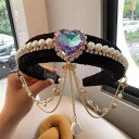 ヘッドドレス レディース エキゾチック フリンジ タッセル ドロップ カチューシャ ヘアクリップ ラインストーン 個性的デザイン レトロ 宮廷風 ヘアアクセサリー 人工クリスタル ブラック ピンク