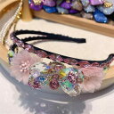 ヘアアクセサリー レディース 春夏 韓国ファッション クリスタル ラインストーン フラワー シフォン カチューシャ ヘアバンド 上品 エレガント 華やか ピンク...