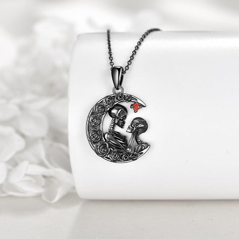 ネックレス 男女兼用 ユニセックス ゴシック スカル ドクロ 薔薇 ローズ 骨格 個性的デザイン 欧米風 合金製 電気メッキ加工 カジュアルファッション 普段使い ペンダント(x2)