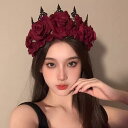 ヘアアクセサリー レディース ロリータ ゴシック レッド ブラック ローズ 花冠 カチューシャ 布製 ハンドメイド コスプレ ブライダル ハロウィン イベント 春夏