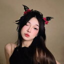 ヘアアクセサリー レディース ロリータ ゴシック風 悪魔の羽 コウモリ リボン ヘアバンド ハロウィン イベント コスプレ ヘッドドレス ブラック レッド ピンク(x2)