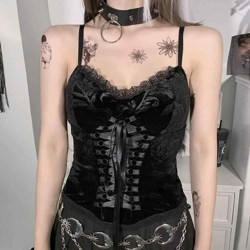 キャミソール レディース ダーク セクシー レース レトロ 欧米風 ショート丈 スリムフィット ベロア 綿混 ストレッチ ダブルストラップ ストリートカジュアル 春夏 ブラック キャミソール レディース ダーク セクシー レース レトロ 欧米風 ショート丈 スリムフィット ベロア 綿混 ストレッチ ダブルストラップ ストリートカジュアル 春夏 ブラック