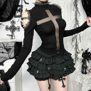Tシャツ レディース 長袖 ハイネック 部分シアー クロスモチーフ プリント ブラック ダーク系 セクシー ストリート 春夏 着回し ポリエステル カットソー