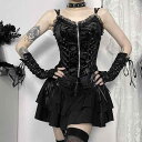 キャミソール レディース ゴシック ダーク セクシー ギャル 夏 ダブルストラップ スリムフィット ストレッチ ジップ 編み上げ ポリエステル スパンデックス ブラック