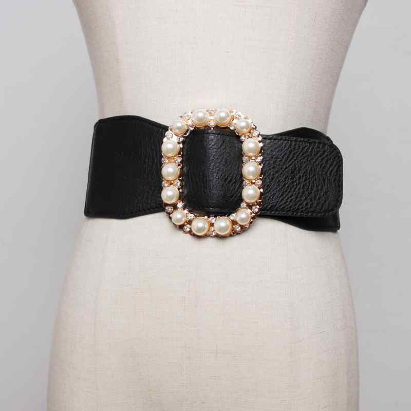 サッシュベルト レディース パールボタン 装飾 幅広 ゴム 伸縮性 太め 合皮 フェイクレザー ウエストマーク スタイルアップ ワンピース コート 普段使い オフィス きれいめ