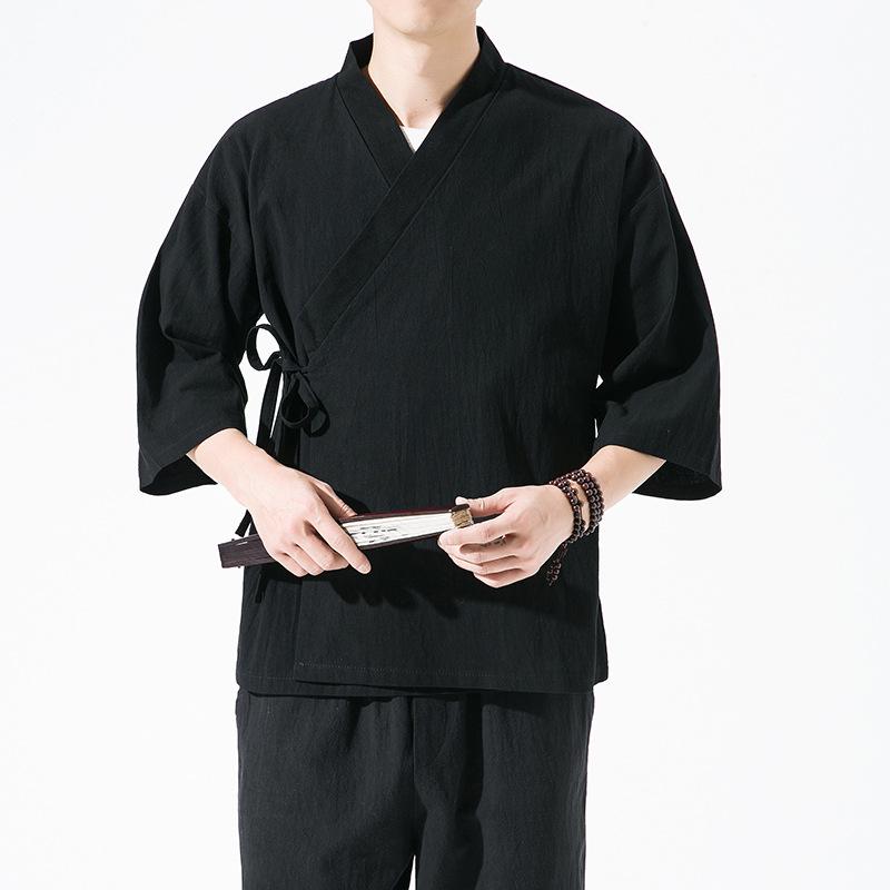 羽織 メンズ 男性用 春夏 薄手 七分袖 中国風 和風 道袍 レトロ カジュアル トレンド 普段使い ゆったり 綿麻混紡 ドロップショルダー シャツジャケット ライトアウター ブラック ネイビー