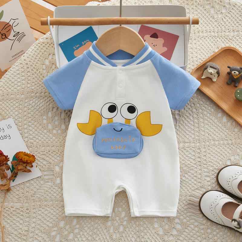 ロンパース ベビー 新生児 男の子 カニ柄 半袖 薄手 綿 コットン 肌に優しい 夏物 韓国風 ホワイト 白..