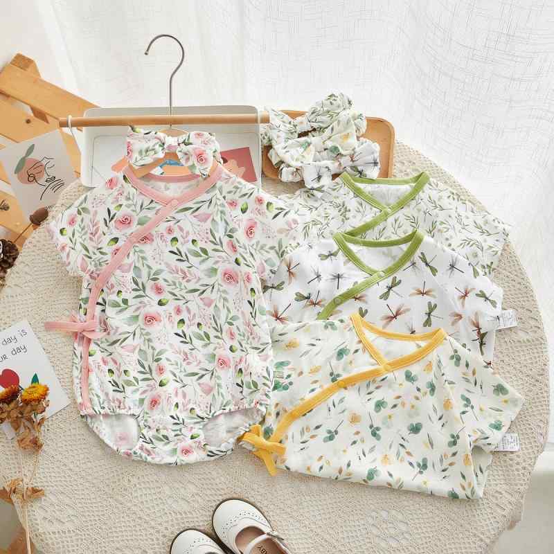 ロンパース 新生児 女の子 ベビー 夏物 チャイナ風 レトロ 半袖 前合わせ 竹繊維 再生繊維 薄手 吸湿速乾 カバーオール 股下スナップ 肌触り 快適 出産祝い