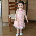 セットアップ キッズ 女の子 中国風 漢服 ノースリーブ チャイナボタン ベスト 花柄 ワンピース 2点セット 薄手 ポリエステル ピンク 春夏 かわいい お出かけ