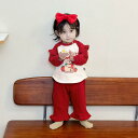 キッズ 女の子 子供服 ベビー服 セットアップ 上下セット いちごくま ストロベリーベア 柄 裏起毛 厚手 温かい パンツセット 秋冬 2点セット かわいい 普段使い 部屋着 ポリエステル レッド