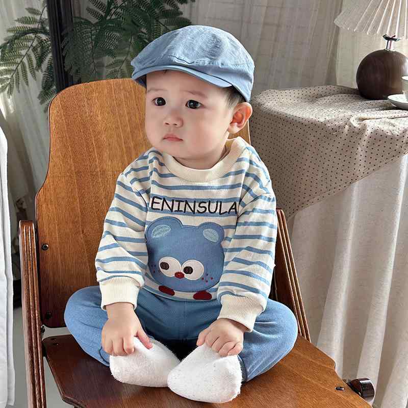 ベビー服 男の子 セットアップ 長袖トップス 長ズボン 2点セット 春秋 綿 コットン カジュアル ストライプ柄 プルオーバー ブルー 韓国ファッション 普段使い 通園