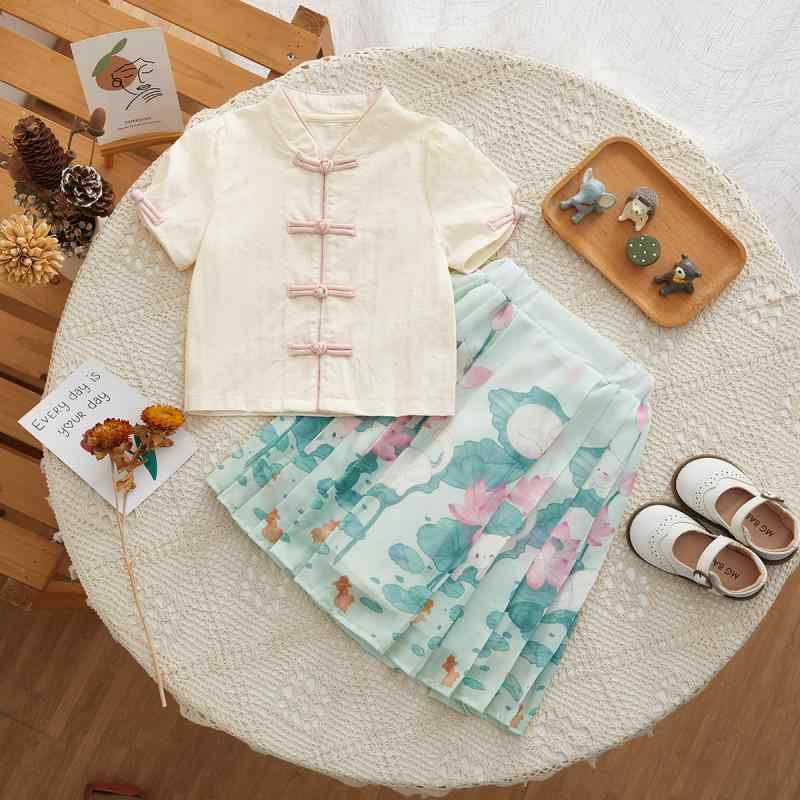 キッズ セットアップ 女の子 夏用 チャイナ風 蓮猫柄 馬面スカート ツーピース 半袖 綿 薄手 かわいい アプリコット ベビー服 子供服 普段着 お出かけ