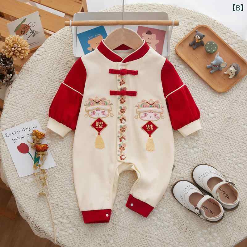 ロンパース 新生児 ベビー 男女兼用 中国風 セレモニードレス お食い初め 百日祝い お宮参り 満月祝い 正月服 綿 コットン 春秋 長袖 レッド 赤 杏色 3