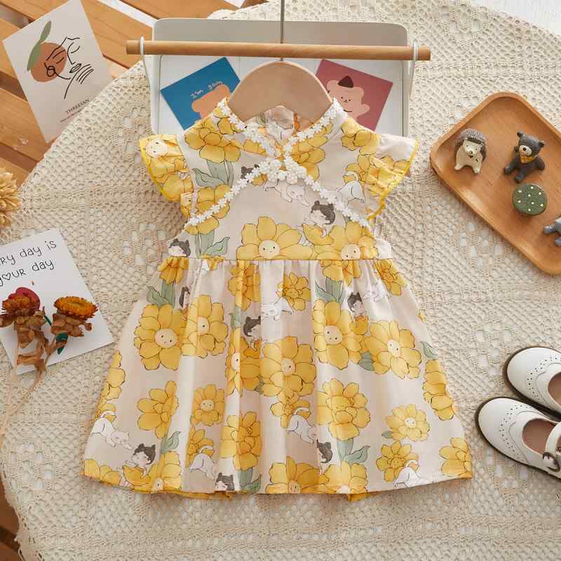 ワンピース ベビー 女の子 かわいい 改良 チャイナドレス フリル袖 フラワー柄 コットン Aライン イエロー 春夏 デイリーユース リラックスウェア