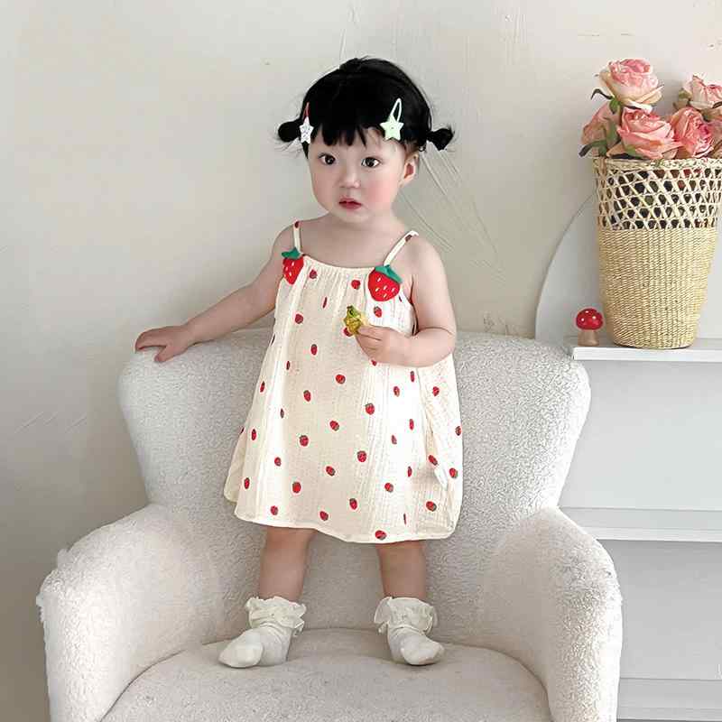ワンピース 女の子 キッズ 子供 ベビー いちご柄 吊りスカート キャミソール コットン Aライン 夏服 ア..